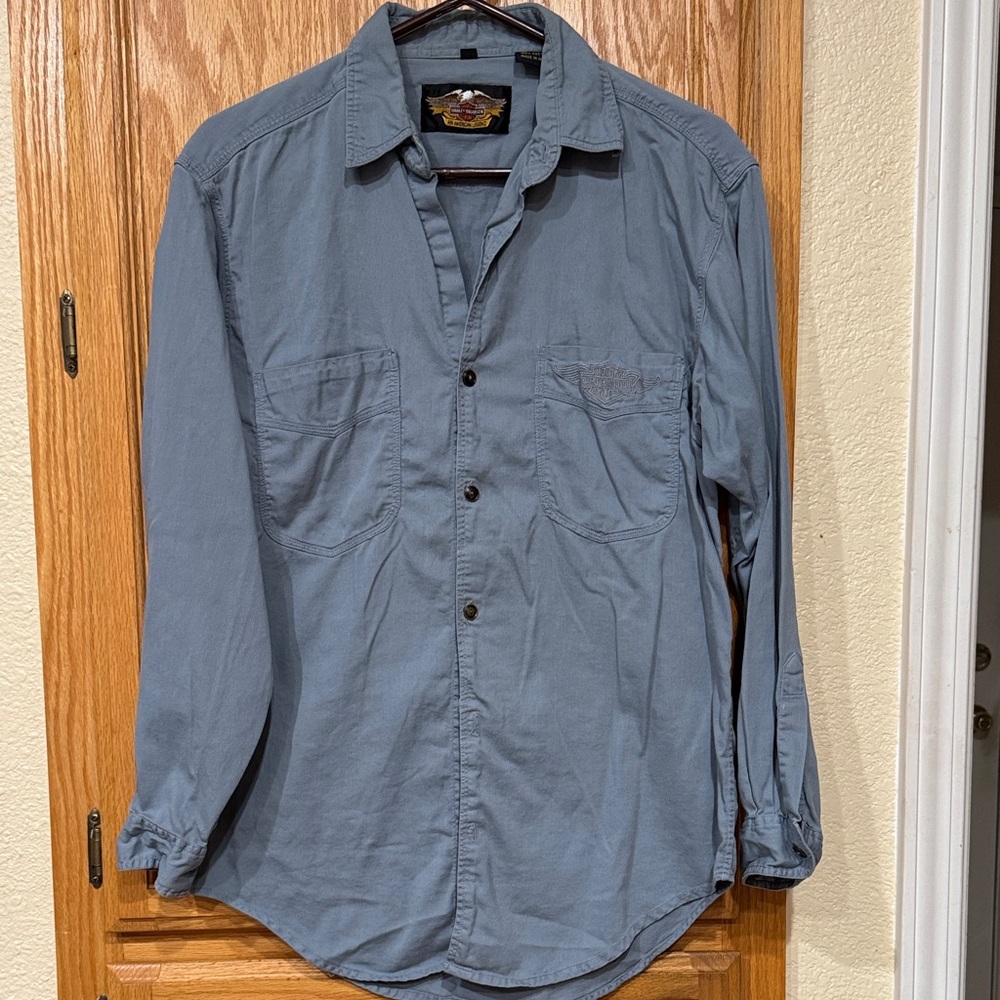 Men's Harley Davidson Blue Corduroy Button-Up Shirt - Size Small